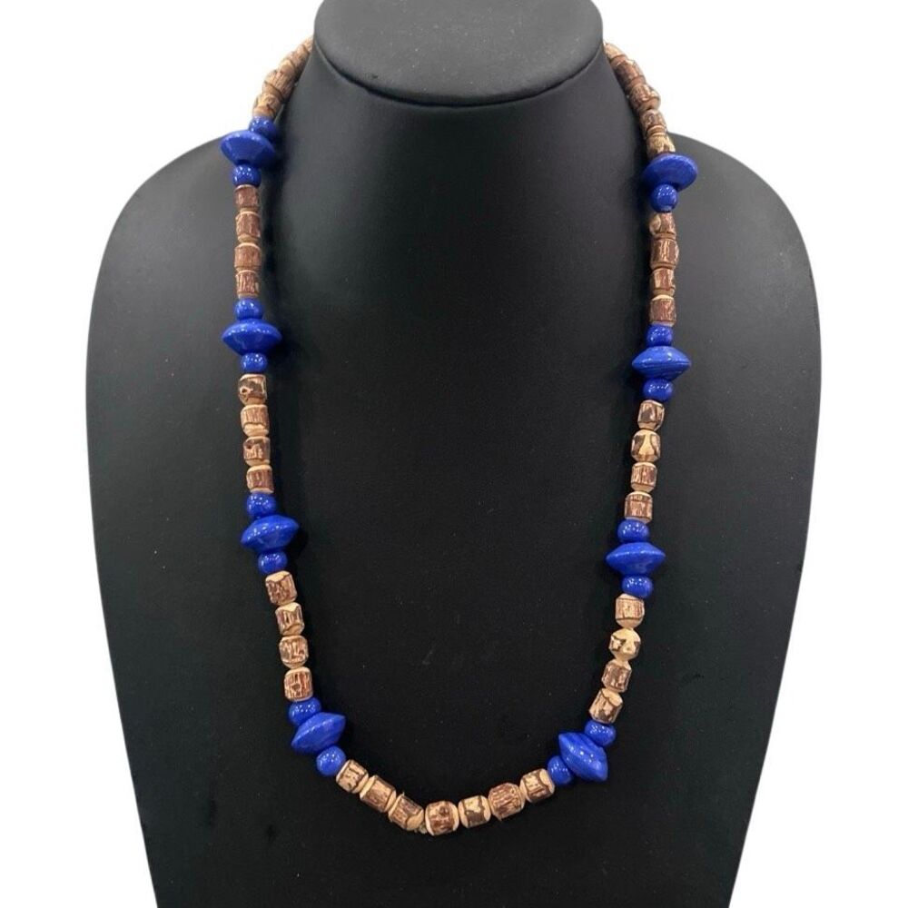 Vintage Tulsi Beads Beaded Necklace Unisex 28" Tan & Blue Beads